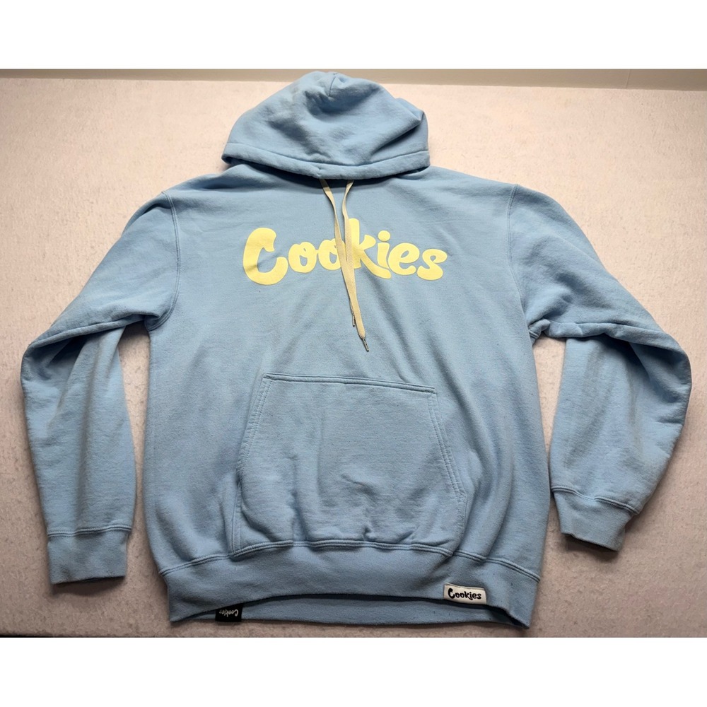 Cookies SF Hoodie Mens Large Light Blue Yellow Script Logo Fleece Pullover